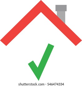 Vector green check mark symbol under red roof.