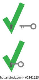 Vector green check marks with keyholes and grey key unlocking.