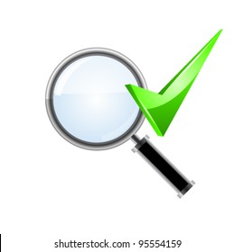 Vector green checkmark and magnifying glass. Vector