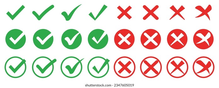 Marca de verificación verde vectorial y marca roja. lista de verificación sí o no hay signos, aprobación o símbolos rechazados que establezcan símbolos de marca vectorial aislados.