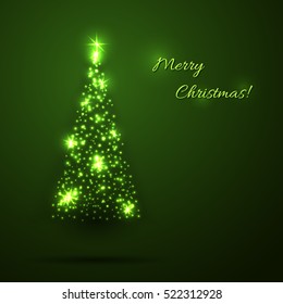 Vector green Christmas background with shining Christmas tree. Green fir-tree created from lights and stars.
