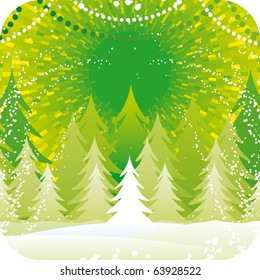Vector green Christmas background with christmas trees landscape