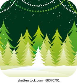 Vector green Christmas background with christmas trees landscape