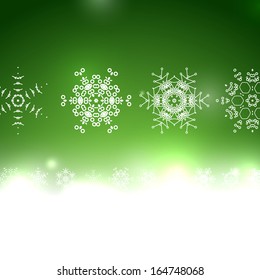 Bokek de tarjetas de Navidad verde vectorial y copos de nieve