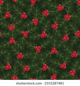 Vector green Christmas holly seamless pattern background. Ideal for Christmas gifts and decorations. Perfect for fabric, wallpaper, wrapping, scrapbooking and stationery. Surface pattern design.