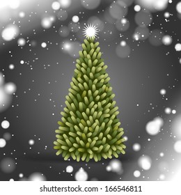 Vector green Christmas tree with brown shine background