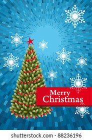 Vector green Christmas tree card with shine blue background, snowflakes and red space for text