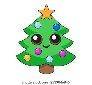 vector green Christmas tree with colorful balls for decoration in kawaii style