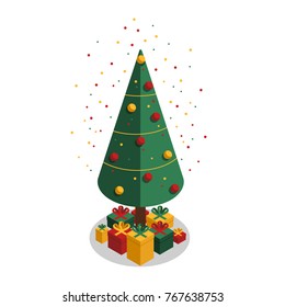 Vector Green Christmas Tree Decorated with Christmas Toys, Balls, Garland and Gifts. Colorful Confetti and Festive Christmas Tree with Gifts. Vector illustration Isolated from background in Isometric