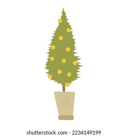 Vector green christmas tree with decorations. Decor for Christmas and New Year. Festive vector illustration in flat cartoon style. Illustration with Christmas tree and berries, winter plant