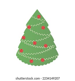 Vector green christmas tree with decorations. Decor for Christmas and New Year. Festive vector illustration in flat cartoon style. Illustration with Christmas tree and berries, winter plant