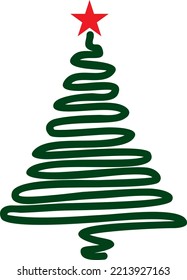 Vector green Christmas tree drawn with one line. Festive tree. Spruce with a red star on top.
