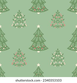 Vector Green Christmas Tree Seamless Pattern in Folk Art Style