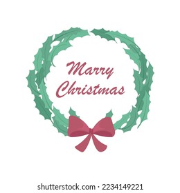Vector green christmas wreath with decorations. Decor for Merry Christmas and New Year. Festive vector illustration in flat cartoon style. Illustration with Christmas tree and berries, winter plant