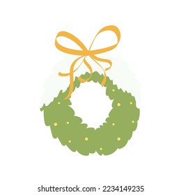 Vector green christmas wreath with decorations. Decor for Merry Christmas and New Year. Festive vector illustration in flat cartoon style. Illustration with Christmas tree and berries, winter plant