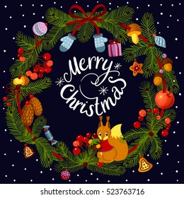 Vector green christmas wreath with decorations.