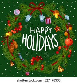 Vector green christmas wreath with decorations.