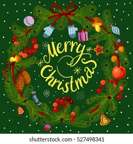 Vector green christmas wreath with decorations.