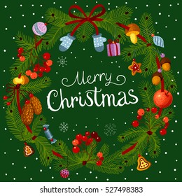 Vector green christmas wreath with decorations.