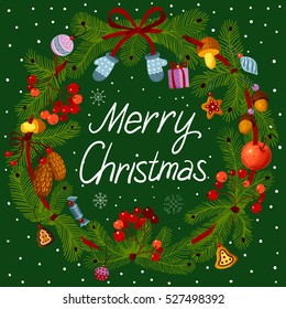 Vector green christmas wreath with decorations.