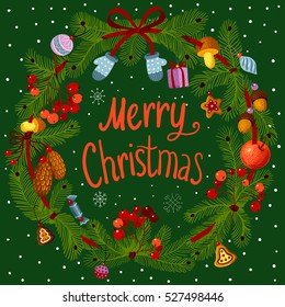Vector green christmas wreath with decorations.