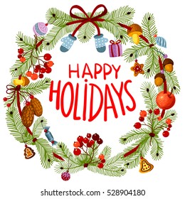 Vector green christmas wreath with decorations.