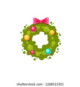 Vector green christmas wreath with a pink bow and balls around. Xmas door decoration. Cartoon holiday element. Cute round icon