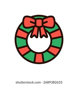 Vektor eines grünen Weihnachtskranzes mit rotem Band im farbigen Umriss. Ideal für Weihnachtskarten, Weihnachtsmarken und festliche Grafikthemen.
