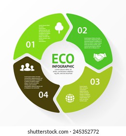 Vector green circle arrows eco infographic. Template for environmental care diagram, graph, presentation and chart. Ecology concept with 4 options, parts, steps or processes.