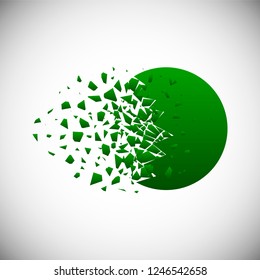 Vector of green circle destruction shapes with debris isolated on vignette background. Explosion cloud of gradient geometric pieces. Abstract illustration.