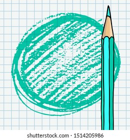 Vector green circle strokes doodle blank frame and a pencil. Hand drawn border illustration over chequered notebook page.