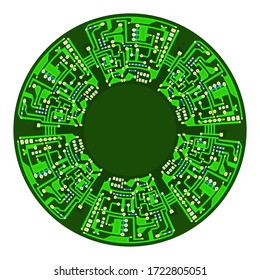 Junta del circuito verde vectorial aislada en fondo blanco. Diseño plano. Fondo moderno de tecnología informática. Esfera Moderna. Símbolo impreso de alta tecnología.
