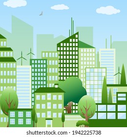 Vector green city. Green energy and a modern city. Nature and man in modern life.