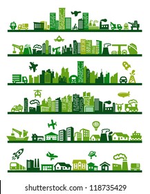 vector green city icons set on gray