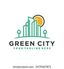 Vector green city logo design inspiration, line art, outline, simple, minimalist premium