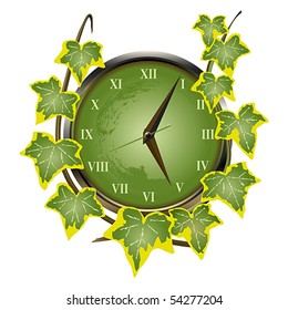 Vector Green clock overgrown with ivy suggesting the passing of time. JPG and TIFF image versions of this vector illustration are also available in my portfolio.