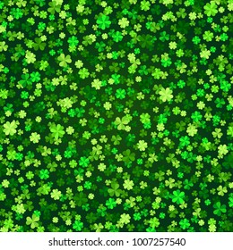 Vector green clover leaves greeting card background for Saint Patrick`s Day in flat style