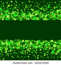 Vector green clover leaves greeting card background for Saint Patrick`s Day in flat style