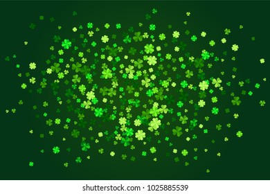 Vector green clover leaves greeting card background for Saint Patrick`s Day in flat style