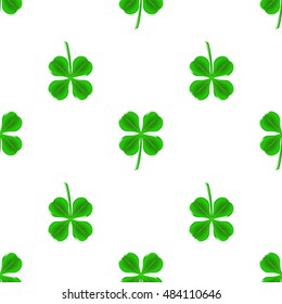 Vector Green Clover Seamless Pattern on White. Shamrock Background