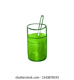 Vector Green Cocktail Doodle Illustration, Watercolor Painting, Hand Drawn Icon Isolated on White Background.
