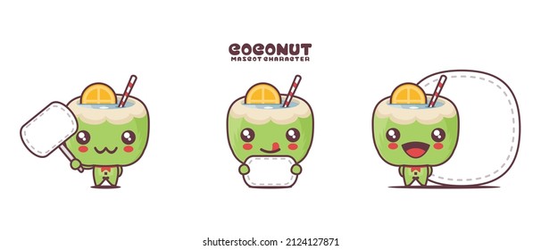 vector green coconut cartoon illustration, with blank board banner, isolated on a white background.