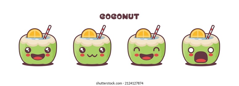 vector green coconut cartoon illustration, with different facial expressions. suitable for icons, logos, prints, stickers, etc.