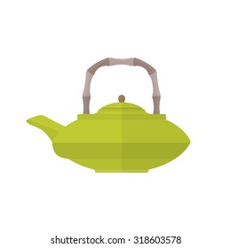 vector green color flat design japan china teapot bamboo handle isolated illustration on white background 
