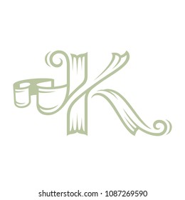 Vector green colored retro lowercase k letter logo design compiled of ribbons