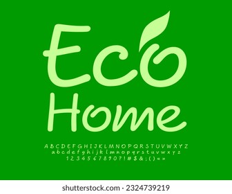 Concepto verde vectorial Eco Home. Fuente divertida y moderna. Juego de letras, números y símbolos de alfabetos creativos