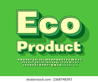 Vektorgrünes Konzept Eco Product. Helle, kreative 3D-Schriftart. Alphabetbriefe im Retro-Stil