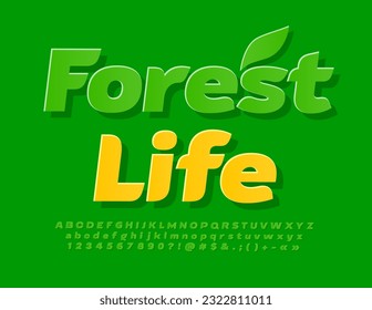 Vector green concept Forest Life with decorative Leaf. Creative sticker Font. Set of bright Alphabet Letters, Numbers and Symbols