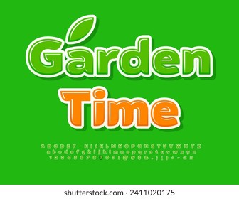 Vector green concept Garden Time. Trendy Glossy Font. Creative Alphabet Letters and Numbers set.