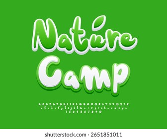 Vector Green concept Nature Camp. Handwritten White and Green Font. Funky Alphabet Letters and, Numbers set.